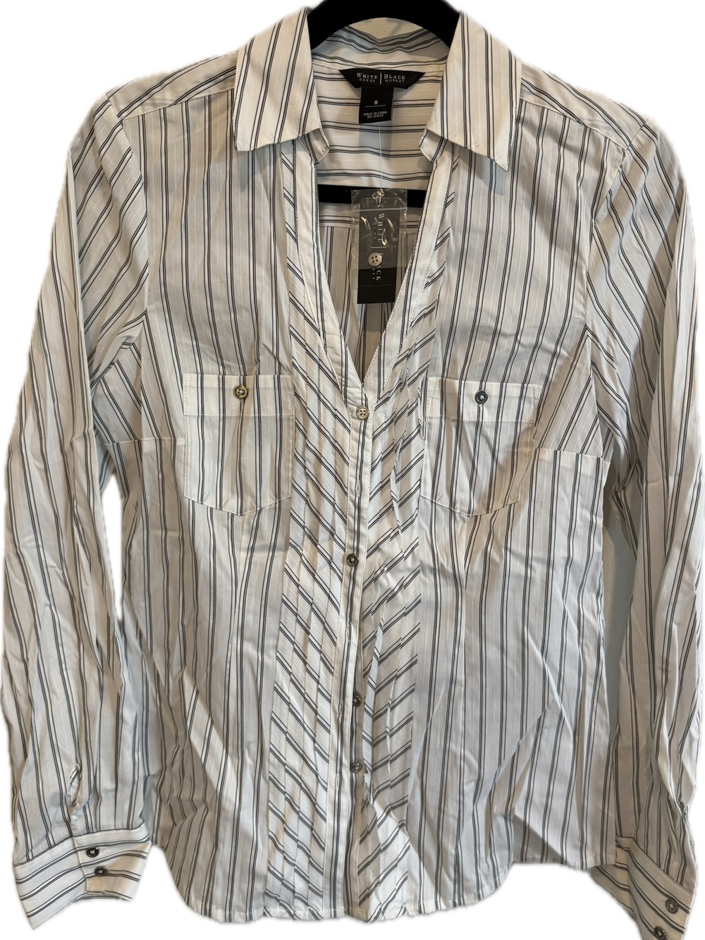 White House Black Market White and Gray Striped Button-Down Blouse